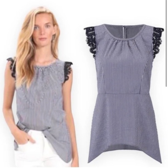 Cabi Olivia Flutter Sleeve Seersucker Navy White Stripe Asymmetrical Top Shirt - Picture 3 of 7